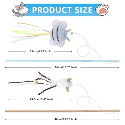 NOWFRESH Cat Wand Toy Set, 2 PCS Interactive Cat Teaser Wands with Cute Bee & Mouse Designs, Equipped with Bells and Streamers to Captivate Your Cat’s Attention thumbnail 2
