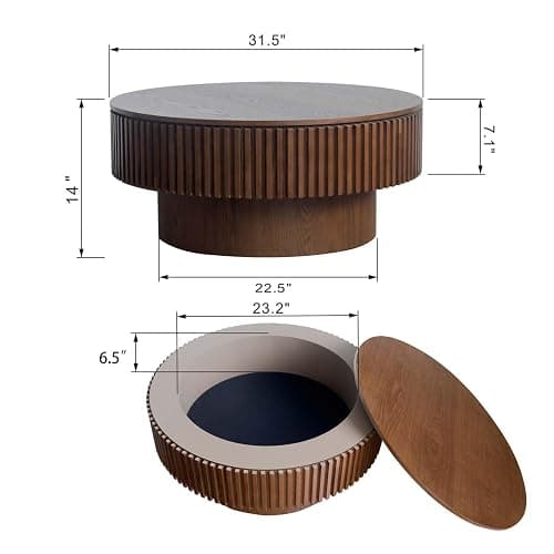Round Coffee Table with Storage, Modern Wooden Coffee Table with Solid Wood Veneered, Circle Center Table Accent Tea Table for Living Room Apartment Small Space (31.5''L × 31.5''W × 14''H, Walnut) thumbnail 2