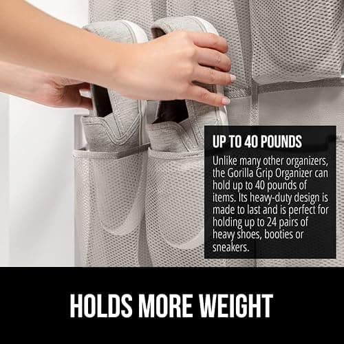 GORILLA GRIP Over the Door Shoe Organizer, 24 Large Breathable Mesh Pockets, Space Saving Hanging Storage Holder, Closet Rack Hanger Holds Up to 40 lbs, Hangs on Closets for Shoes, Accessories, Linen thumbnail 4