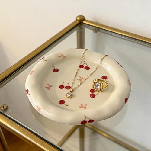 Koythin Jewelry Dish Trinket Tray for Women, Ring Holder, Ceramic Cute Things Vanity Coquette Aesthetic Room Decor Mother's Day Girls Birthday (Cherry Bow) - Image 1