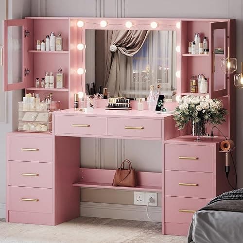 58.3" Makeup Vanity Desk with Charging Station, Pink Makeup Dressing Table with Mirror & Lights, 3 Lighting Modes Adjustable Brightness, Vanity Table with Power Outlet & 8 Drawers without Stool - Image 1