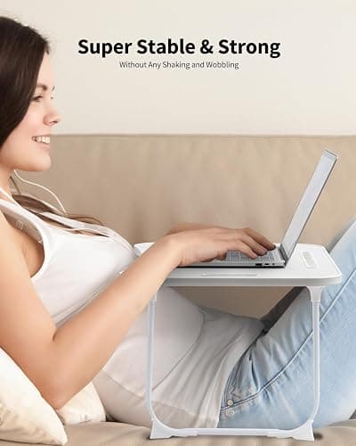 VIFOCAE Foldable Lap Desk, Laptop Bed Desk, Portable Lap Table, Laptop Bed Table with Cup Holder & Tablet Slot & Lifting Handle for Working Writing Drawing & Eating - White thumbnail 3