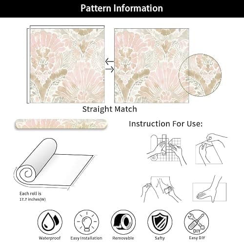 Yzogbry Boho White Pink Damask Watercolor Geometric Peel and Stick Wallpaper Wall Decor Self Adhesive Wall Paper Stick on Easy Peel Off Contact for Renter Apartment thumbnail 7