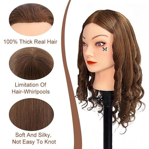 Opini Mannequin Head 100% Real Human Hair for Hairstyle Curling Practice | Cosmetology Manikin Doll Head 22-24" for Braiding Cutting, Ideal for Salon Hairdressers Barbers & Beginner Training (Brown) thumbnail 2