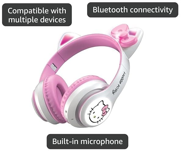 Hello Kitty Wireless Bluetooth Light-Up Headphones with Foldable Design, Adjustable Headband, 8 Hours Playtime, LED Kitty Earcups, for Kids & Adults (White) thumbnail 3