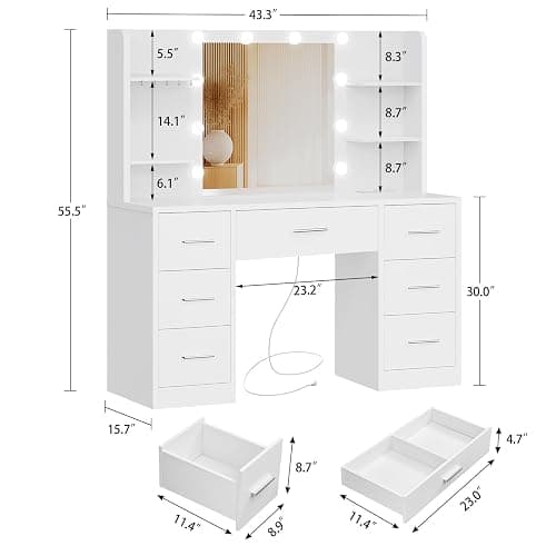 FIONESO Vanity Desk with LED Light Mirror & Power Outlet, 3 Adjustable Light Color, Makeup Vanity with 7 Drawers, 4 Shelves, 5 Jewel Hooks, White Vanity for Bedroom, Girls Vanity thumbnail 2