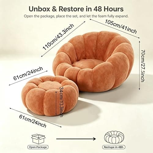 Hohamn Giant Bean Bag Chair with Ottoman, Pumpkin Shaped Boneless Chair | Plush cloud fleece fabric, ideal cozy seating for bedroom & living room, perfect reading lounge chair for daily relaxation thumbnail 2