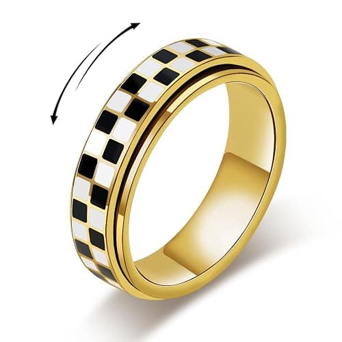 AmorArtSky Checkered Fidget Ring for Adults - 18K Gold Plated Stainless Steel Rotating Spinner Jewelry, Anxiety & Stress Relief Gift for Women/Men (Black and White Pattern) - Image 1