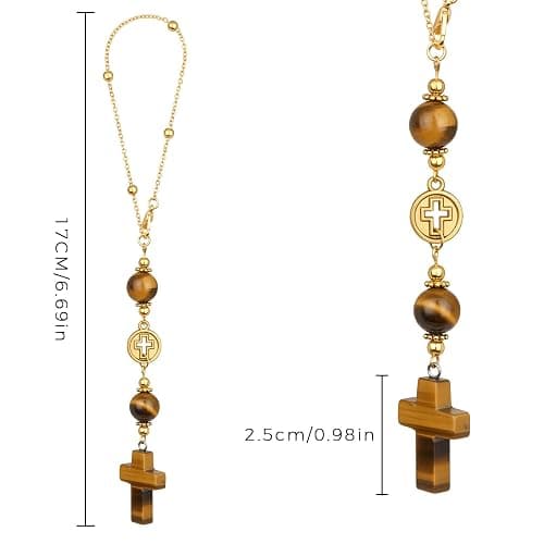 Cross Crystal Hanging Car Charm,Cute Healing Stones Car Decor for Rear View Mirror Boho Handmade Sun Catcher Ornament Accessories Tiger Eye Crystal Protection for Women thumbnail 2