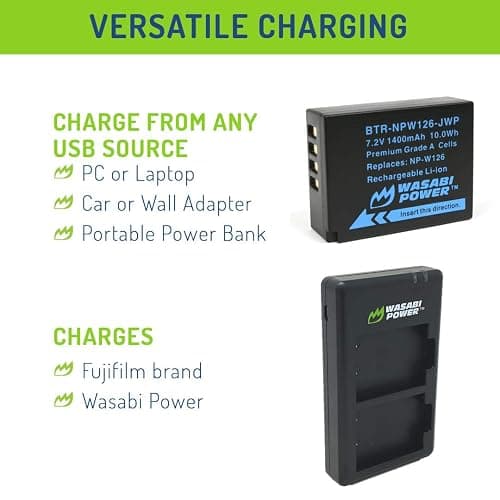 Wasabi Power NP-W126, NP-W126S Battery (2-Pack) USB-C Dual Charger for Fuji X-T100, X-T200, X100F, X100V, X100VI, X-S10, X-A5, X-A10, X-E4, X-Pro2, X-Pro3, X-T1, X-T2, X-T3, X-T10, X-T20, X-T30 II thumbnail 6