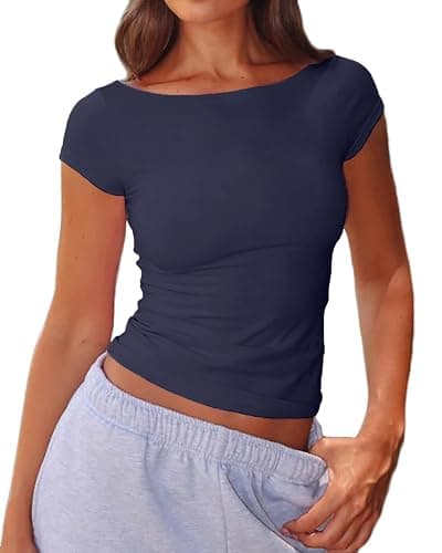Mousnipy Women's Sexy Boat Neck Short Sleeve Baby Tees Soft Cotton Summer T-Shirts - Image 1