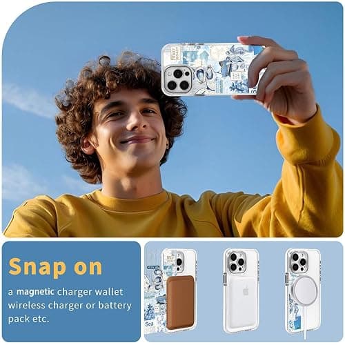 TnXee Cases for iPhone 15 Pro,Compatible with MagSafe,Classic Clear Shockproof Protection Magnetic Phone Case - Seashell Ocean Blue Retro Collage thumbnail 7