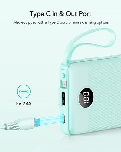 VRURC Portable Charger for iPhone, Compact Travel Power Bank 10000mAh, USB C Battery Pack 4 Outputs 3 Inputs, Slim Phone Charger with Cables for iPhone 17 16 15 14 13,Samsung Galaxy-Green(1 Pack) thumbnail 3