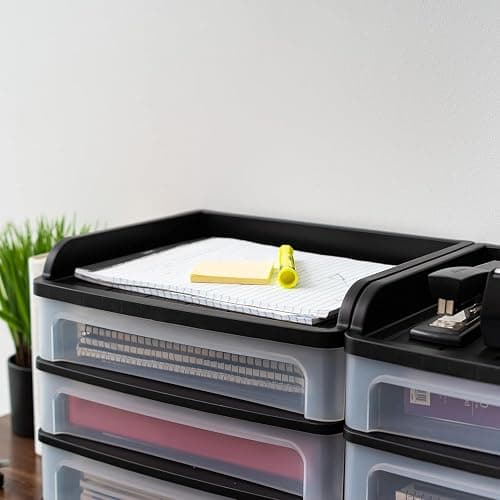 IRIS USA Plastic Desk Top 3-Drawer Storage Organizer with Paper Tray Top, 1-Pack, for Makeup Vanity Nail Polish Bathroom Stationery Art Craft Supplies Kitchen Office Garage Organization, Medium, Black thumbnail 9