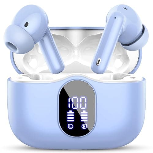 Wireless Earbuds, Bluetooth 5.4 Headphones Bass Stereo, Ear Buds with Noise Cancelling Mic, LED Display in Ear Earphones Clear Calls, IP7 Waterproof Bluetooth Earbuds for Laptop/Phones, Pale Blue - Image 1