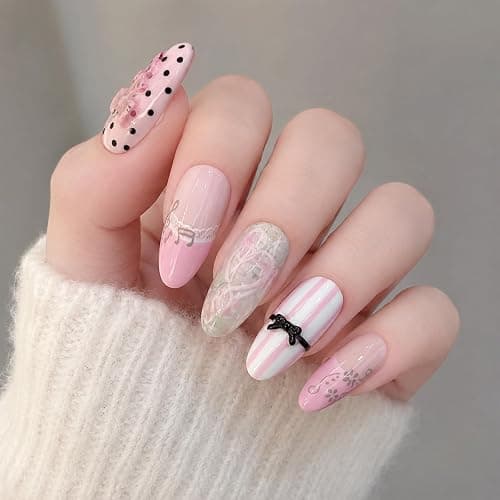 Tastetreasure 30Pcs Almond Press on Nails, Pink French Cat Eye Fake Nails with Bows Polka Dots Music Notes, Cute Lace Vine Stick on Nails for Women, Gel Acrylic False Nails with Jelly Glue Kit thumbnail 6