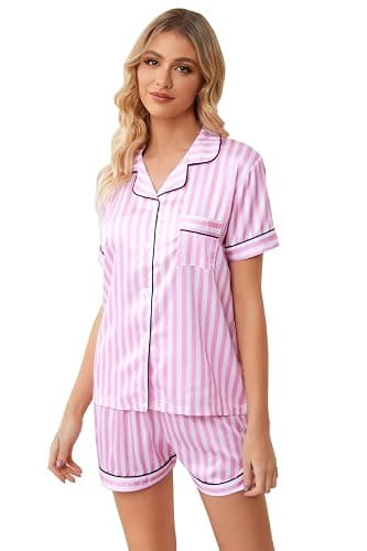 Umeyda Women & Girls Pajamas Set, Soft Satin Lightweight Silk Button-Down Top with Shorts 2 Piece PJS for Mom Boys Kids Gifts thumbnail 5