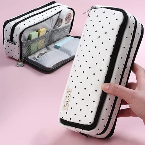 iSuperb Multi Compartments Pencil Case 3 Zippers Pencil Pouch Bag Square Grid Cosmetic Bags Organizer - Black Dots thumbnail 4