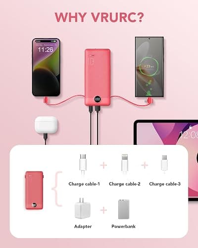 Portable Charger Built-in Cables and AC Wall Plug, VRURC USB C Power Bank 10000mAh, Travel Battery Portable Phone Charger Compact Lightweight External Battery Pack for SmartPhones,Tablets-Viva Magenta thumbnail 4
