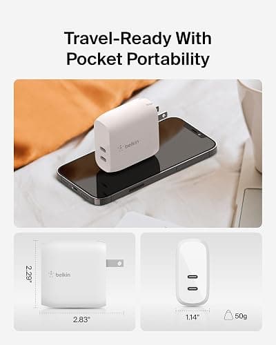 Belkin 40W Dual Port USB C Wall Charger Block - USB C Fast Charging for Apple iPhone, iPad, Samsung Galaxy Phone, & More - Programmable Power Supply Tech - Folding Prongs - White thumbnail 4