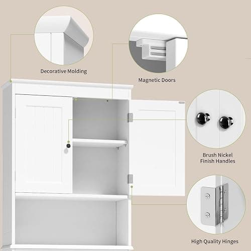 Gizoon Over The Toilet Storage Cabinet with Adjustable Shelf and Double Doors, Bathroom Space Saver Organizer Above Toilet with Open Shelf, Taller Wooden Free Standing Toilet Rack -White thumbnail 5