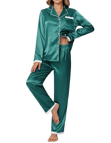 Ekouaer Satin Pajamas for Women Silk Long Sleeve Sleepwear Button Down Loungewear 2 Pieces Lace Soft Pjs Set - Image 1