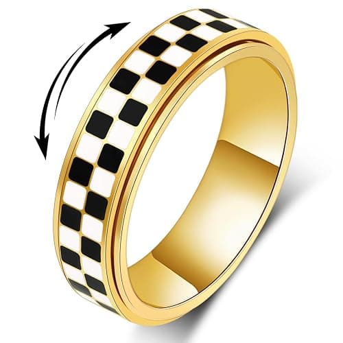 MHWTTY Fidget Ring for Anxiety Women Men, Black and White Checkered Pattern Stainless Steel Spinner Jewelry Anxiety Relief Items for Adults Gold Plated/Silver Size 5-11 - Image 1