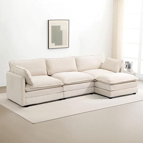ROWHY Oversized Modular Sectional Sofa with Movable Ottoman, 112 Inch 4 Seat Modern Corduroy Sofa Set, Convertible L Shaped Couch for Living Room and Office, Beige - Image 1