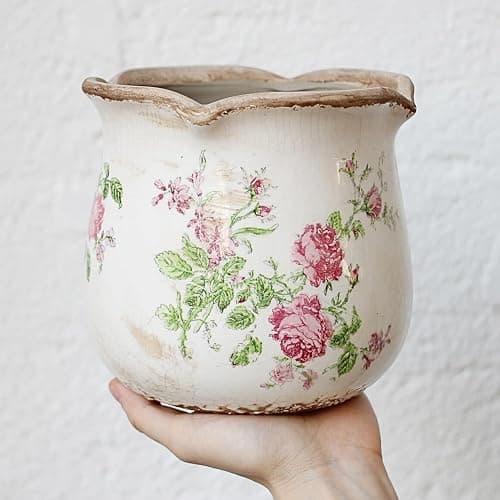 Xiaan Jiaju Shabby Chic Flower Pot, 6.11 Inch Ceramic Planter with Drainage for Indoor Plants, Vintage Ceramic Vase, Country Chic Spring Garden Home Decor, Pink Rose Floral thumbnail 5
