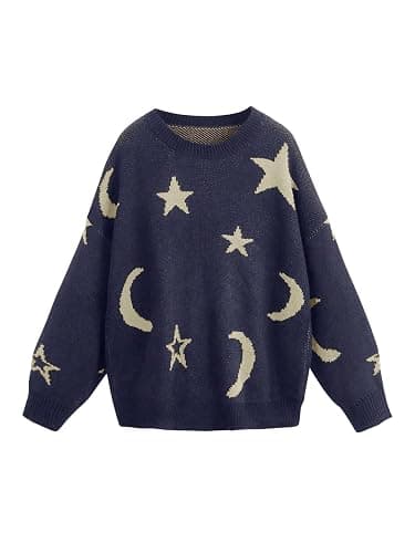 WDIRARA Women's Star Moon Print Long Sleeve Sweater Round Neck Pullover Top | Knitted,Comfortable, Soft,Cute - Image 1