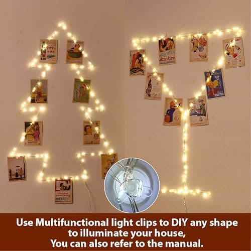 HXWEIYE Warm White Photo Clips String Light, Timer & 8 Modes, 33Ft 100LEDs Battery Powered Fairy Light with 52 Clear Clips & 12 Hooks on Wall for Hanging Picture,Bedroom Party thumbnail 4