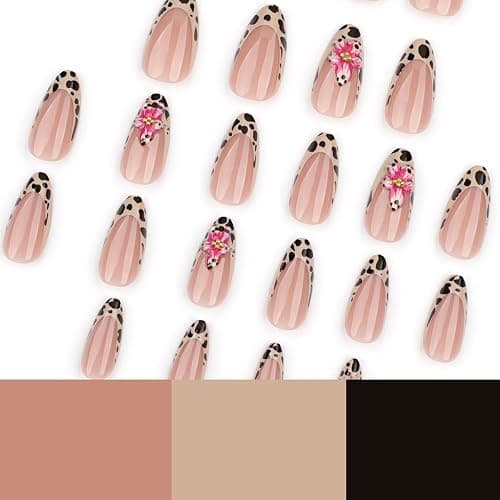 Leopard Hibiscus Press on Nails Medium Almond Fake Nails - Pink Flower False Nails Press ons with Gold Pearls Design Reusable Acrylic Nails Glossy Full Cover Stick on Nails for Women Manicure 24 Pcs - Style-28 - 1 Fl Oz (Pack of 24) thumbnail 3