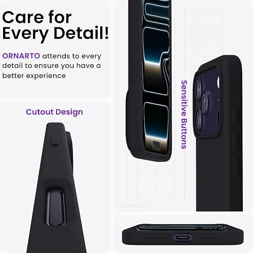 ORNARTO Compatible with iPhone 17 Pro Max Case 6.9", Slim Liquid Silicone 3 Layers Soft Gel Rubber Shockproof Protective Cover with Anti-Scratch Microfiber Lining-Black thumbnail 5
