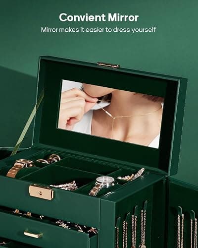 Homde Synthetic Leather Huge Jewelry Box Mirrored Watch Organizer Necklace Ring Earring Storage Lockable Gift Case (Forest Green + Gold) thumbnail 8