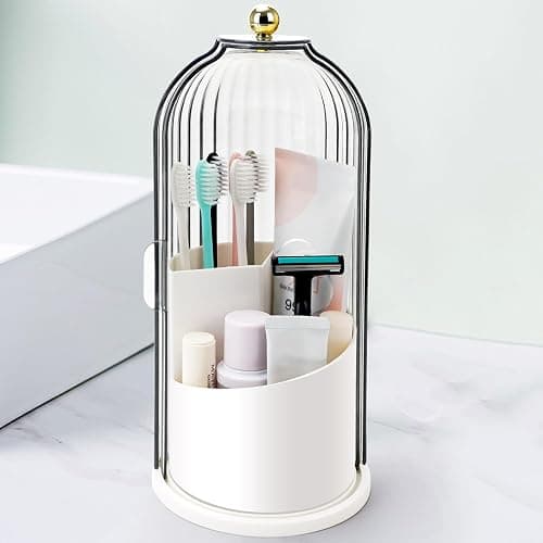 QIYVLOS Toothbrush Holders with Sliding Lid, Rotating 3 Slots Bathroom Organizer Countertop, Tooth Brush Toothpaste Holder Bathroom Counter Stand Sink Organizer Caddy for Vanity Makeup Brushes Holder - Image 1