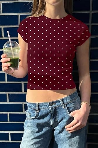 Cioatin Women Polka Dot Short Sleeve Crop Tshirt Tops Cute Girls Y2K Aesthetic Slim Fit Crewneck Tee Shirt Coquette Clothes thumbnail 2