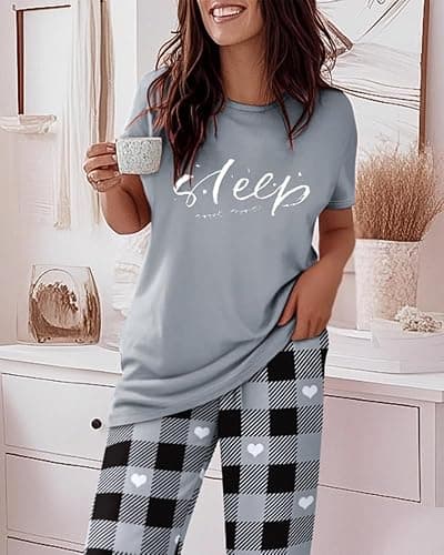 CHICME Womens Pajamas Sets 2 Piece Short Sleeve Lounge Set Printed Loose Pants Pj Sets Loungewear Set thumbnail 3