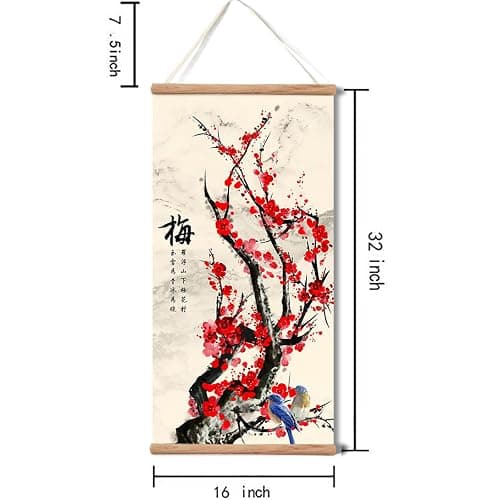 Plum Bossom Chrysanthemum Bamboo Orchid Painting ,Wall Art for Living Room Bedroom,Chinese Traditional Meticulous Painting,Posters and Printing,Fixed Wooden Hanging Scroll (Plum Blossom, 16”x32”) thumbnail 2