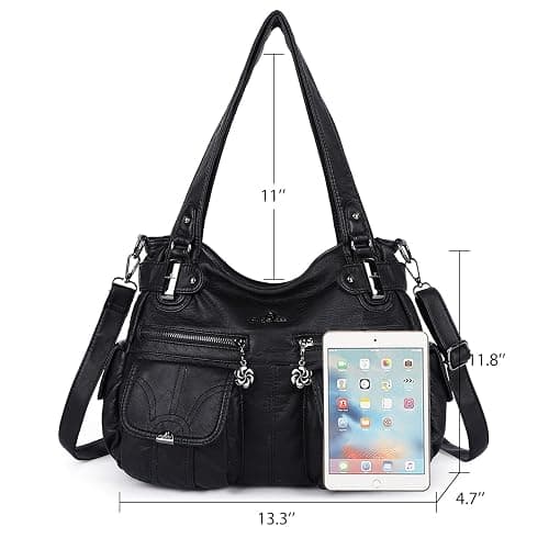 Angel Kiss Women's Designer Handbag Large Double Zipper Multi Pocket Washed Leather Purse thumbnail 4