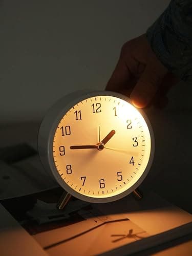 SHISEDECO Alarm Clock with Backlight, 4.5 inches Bedside Analog Non-Ticking Silent Small Deskclock with Arabic Numerals, Battery Operated Round Tableclock for Living Room, Bedroom (White) thumbnail 2