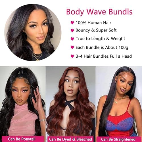 Bundles Human Hair Body Wave Bundles with Closure 100% Unprocessed Brazilian Virgin Human Hair Body Wave 3 Bundles with 4x4 Lace Closure Free Part for Black Women 16 18 20+14 inch thumbnail 3