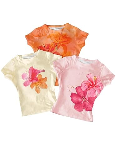 RoseSeek Girl's Shirts 3 Packs Graphic Tees Vacation Hibiscus Top Crewneck Short Sleeve Cute Tops Summer Slim Fit T Shirt - Image 1