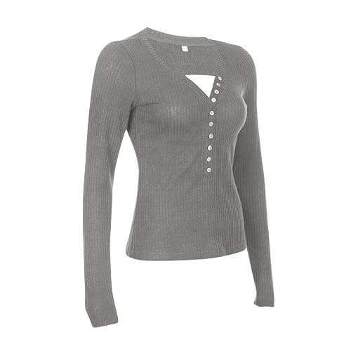 Womens Long Sleeve Henley Tops Casual Button Up Tunic Blouse Ribbed Slim Fit Shirts Y2K Lace Patchwork Pullover Shirt thumbnail 4
