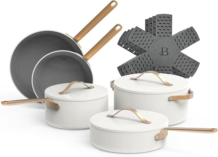 Beautiful 12pc Ceramic Non-Stick Cookware Set by Drew Barrymore, Pots & Pans with Lids, Dishwasher‑Safe,Soft‑Touch Handles, Even‑Heat Base. (White Icing) - Image 1