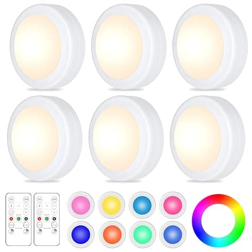 Yiliaw 6 Pack LED Puck Lights Remote Control 16 Color Changeable Under Cabinet Lights, Battery Operated Lights Night Light with Dimmer & Timmer for Closet Bedroom Kitchen, White - Image 1