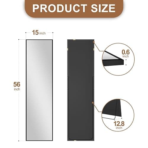 Delma Wall Full Length Mirror,Standing Mirror Full Body,Large Floor for Wall Door Bedroom Bathroom Living Room with Aluminium Frame(with Stand,56x15-Black) thumbnail 2