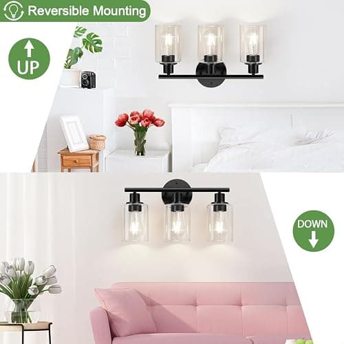 Zarbitta 3-Light Bathroom Light Fixtures, 17.23" Black Modern Vanity Lights with Clear Glass Shade, Bathroom Wall Lamp for Mirror Kitchen Living Room Hallway Cabinet Porch thumbnail 8