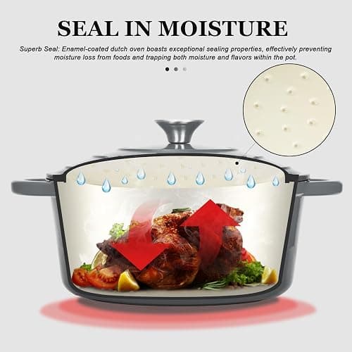 Overmont Enameled Cast Iron Dutch Oven - 7QT Pot with Lid Cookbook & Cotton Potholders - Heavy-Duty Cookware for Braising, Stews, Roasting, Bread Baking grey thumbnail 3