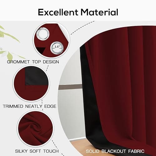Yakamok Burgundy Red Blackout Curtains 84 inches Long for Bedroom 38" Wide | Thermal Insulated Window Treatment Light Blocking Panels with Black Liner for Living Room/Kitchen/Kids Room with Grommet Top thumbnail 4