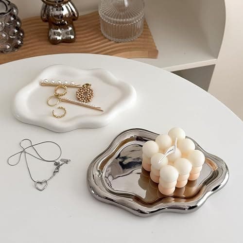 BESSKON Small Jewelry Dish for Women, Gifts for Mom, Ceramic Jewlery Tray Ring Holder, Vanity Ring Dish Cute Cloud Tray, Nightstand Decor Trinket Bowl for Earrings, Perfume, Keys, White Jewelry Plate thumbnail 8